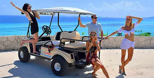 Friends near to golf car after great catamaran tour